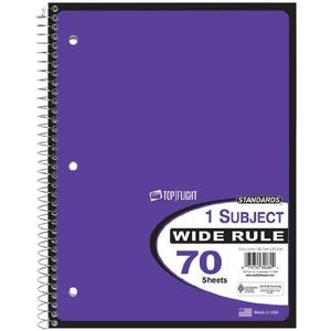 Top Flight Standards 1-Subject Wirebound Notebook, 70 Sheets, Wide Rule, 10.5 x 8 Inches, 1 Notebook, Purple Cover (30080)