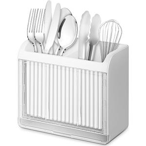 Utensil Holder, Kitchen Utensil Drying Holder with Drain Tray, Wall Mount Drainer Basket Silverware Cutlery Flatware Rack Forks, Knives, Spoons, Chopsticks Organizer - White