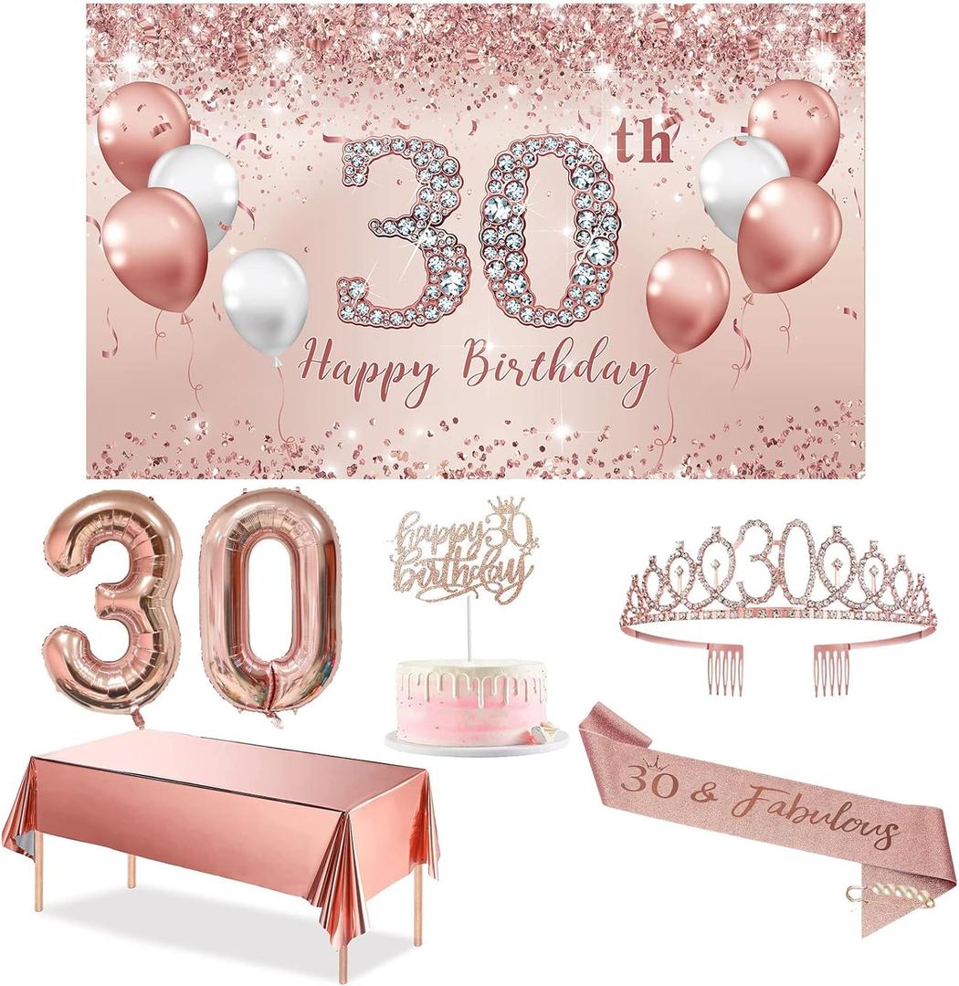 Trgowaul 30th Birthday Decorations Party Set for Women, Rose Gold 30 Birthday Banner and Tablecloth, 30 & Fabulous Sash and Crown, 1PC Happy 30th Birthday Cake Topper, Pink Gold 30 Number Balloons