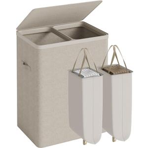 Double Laundry Hamper with Lid, 150L Laundry Basket 2 Compartments, Dirty Clothes Hamper with Handles and Removable Liners for Laundry Room, Easy Assembly, Beige