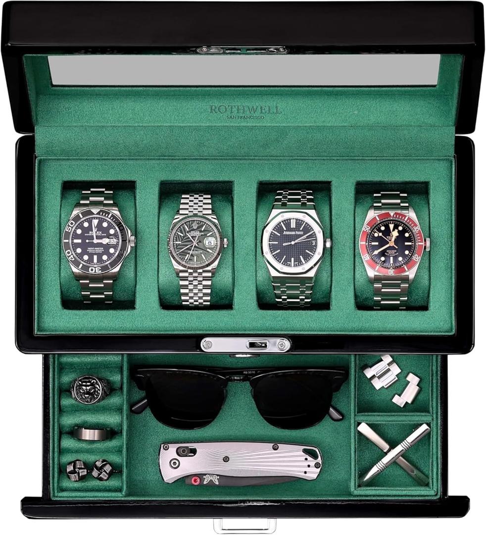 ROTHWELL 4-Slot Piano Black Watch Box with Valet Drawer - Premium Jewelry Display Case Organizer with Locking Glass Top and Microsuede Liner for Men & Women (Green Interior)