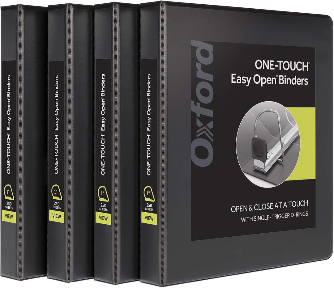 Oxford 3 Ring Binders, 1 inch ONE-Touch Easy Open D Rings, Durable Binders for School and Office, ClearVue, Xtralife Hinge, Non-Stick, PVC-Free, Black, Holds 250 Sheets, 4 PK (79903)