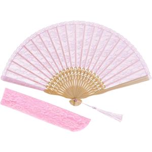 choyaxo Lace Handheld Chinese Folding Fan Bamboo Silk Folding Fan for Women Wedding Decoration Dancing Party,Pink