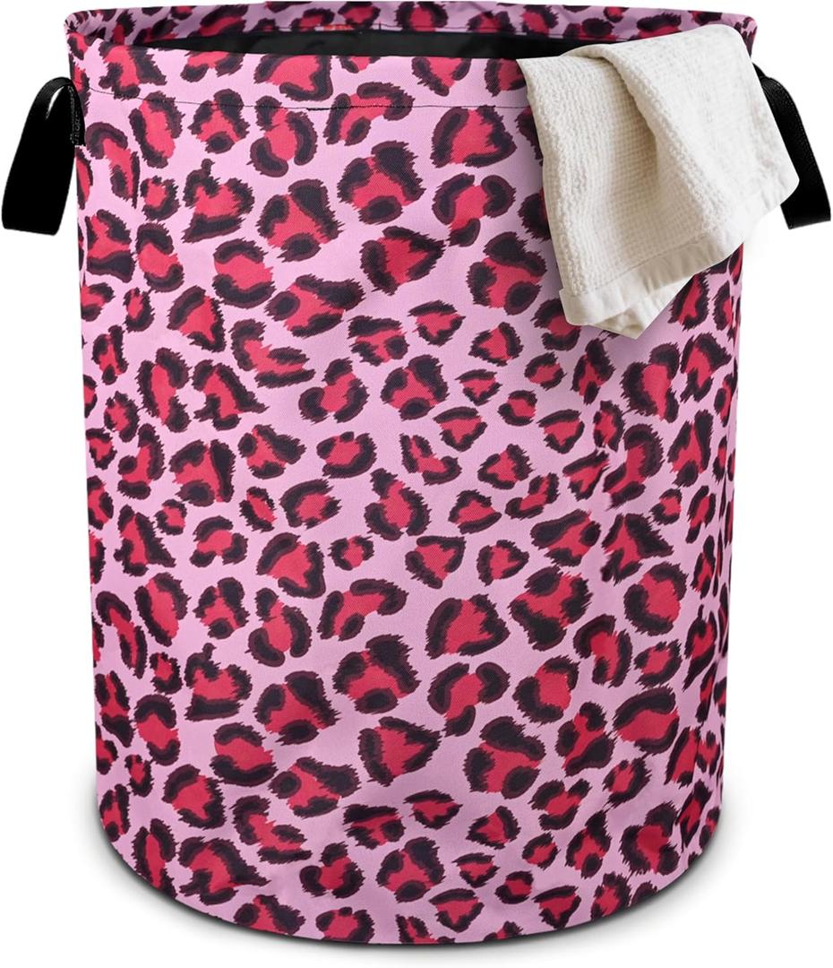 Pink Leopard Laundry Basket Foldable Oxford Cloth Tote Bag Laundry Hamper Clothes Storage Organizer For Bathroom/Laundry Storage/Bedroom 19.6x15.7 Inch