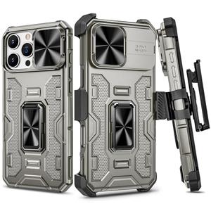 VEGO for iPhone 16 Pro Max Case with Camera Cover, 360°Rotatable Ring Kickstand & Belt Clip Holster Upgraded Military Grade Shockproof Case for iPhone 16 ProMax 5G 6.9 Inch - Titanium