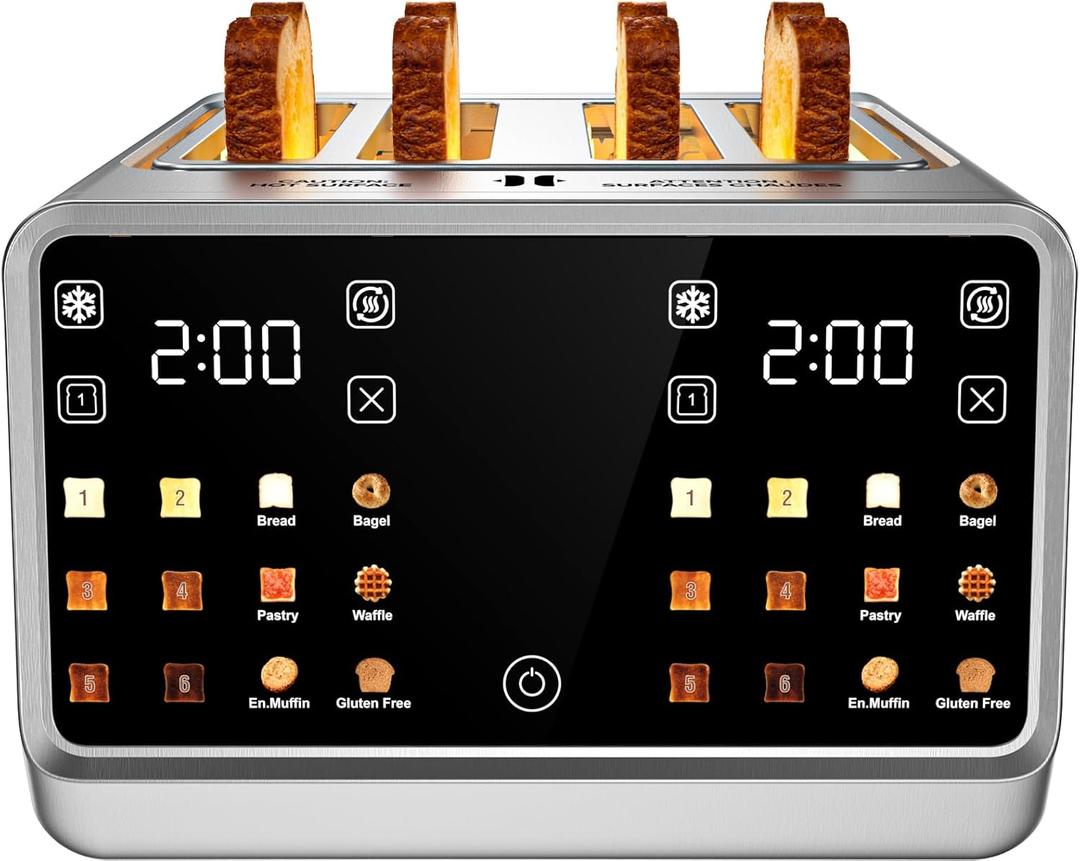 Smart Toaster 4 Slice - Dual Digital TouchScreen & Independent Control for Family | Stainless Steel Extra-Wide Slots for Bagels | 6 Toast Types & Shade Settings | Defrost Reheat & Single-Slice Modes