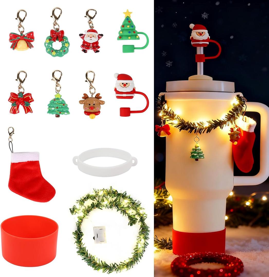 12Pcs Christmas Stanley Cup Accessories Set Including Light Up Christmas Garland, Straw Toppers, Silicone Boot, Water Bottle Charm for Stanley Tumbler 40oz&30oz