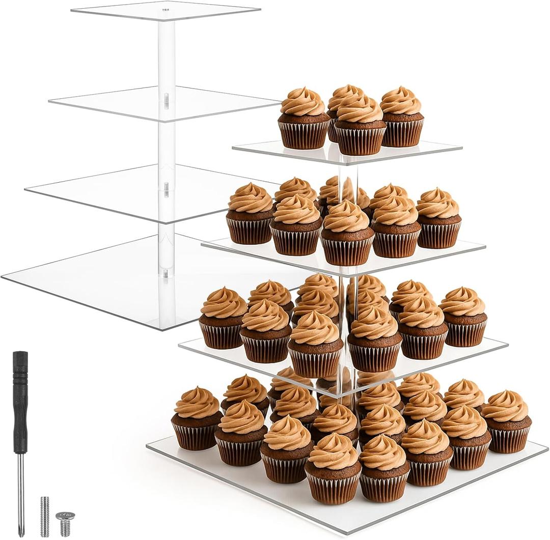 2 Pack 4 Tier Acrylic Cupcake Stand for 50 Cupcakes, Large Square Cupcake Tower, Dessert Cup Cake Tier Stand Holder, Clear Tiered Display Tree for Birthday, Wedding, Party DCor