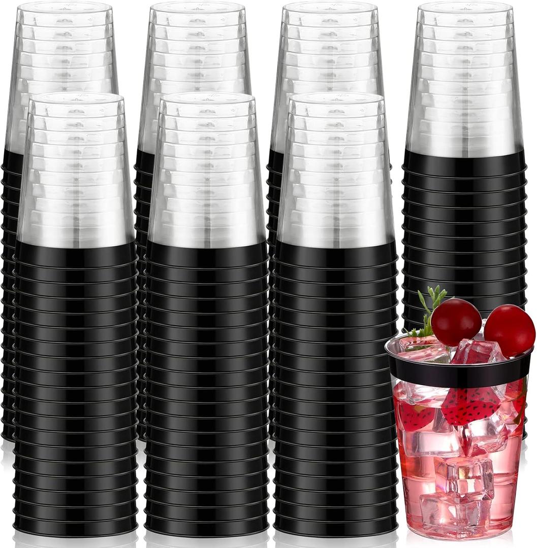 Gerrii 100 Pcs 10oz Plastic Cups Disposable Fancy Rimmed Cups Elegant Clear Drinking Tumblers for Wedding, Birthday, Halloween, Christmas, Graduation Party(Black)
