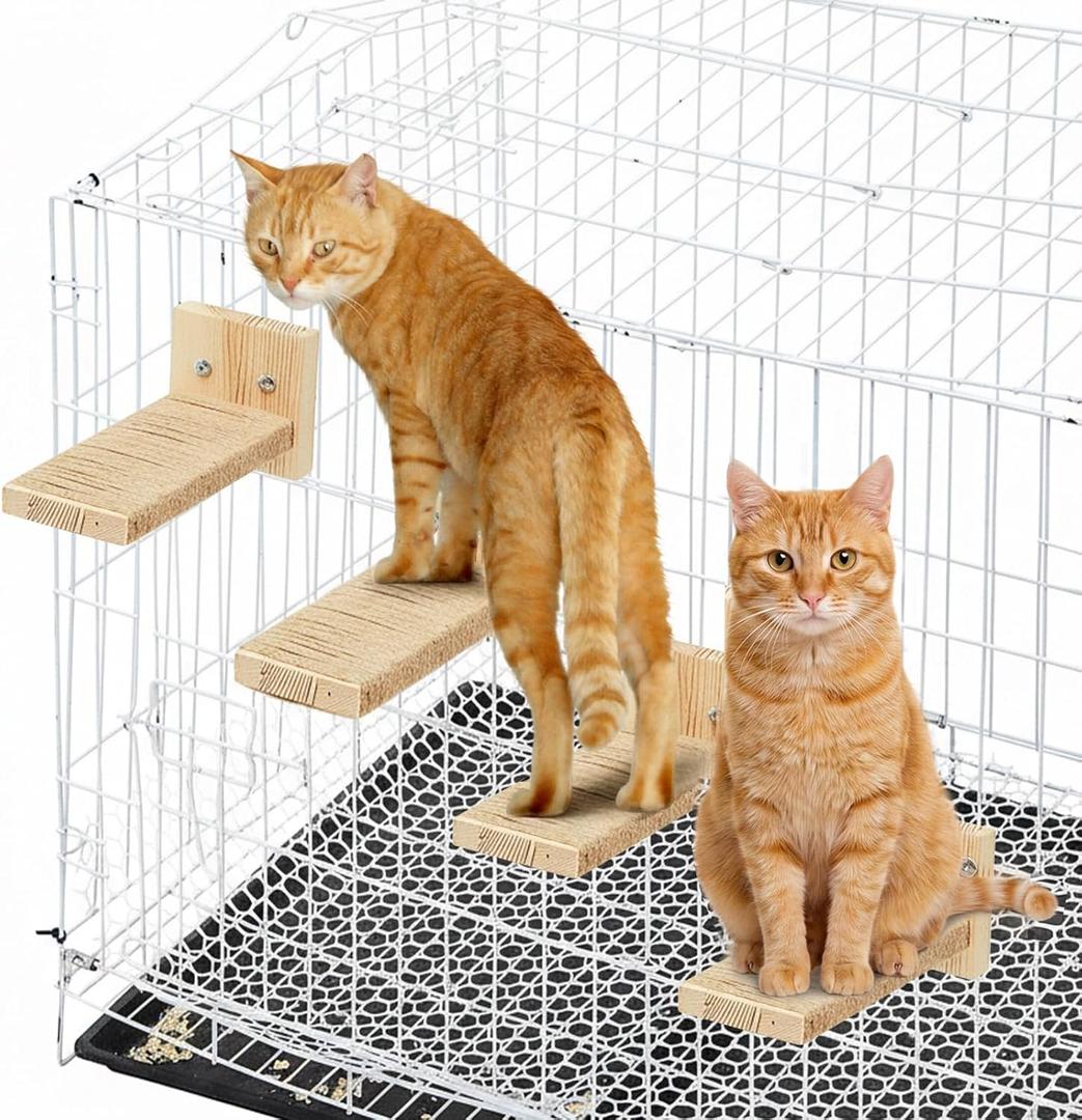 AceOrbit 4 Pcs Cat Cage Ladder Accessories Catio Indoor for Climbing Tree Steps Scratching Post Perches Sisal Hemp Shelf Wooden Ladder Furniture Inside with Install Screws (Square)