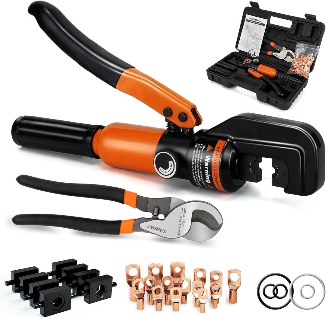 Sanuke Hydraulic Crimping Tool and Cable Cutter, 12 AWG to 2/0 AWG, 10 Tons Electrical Terminal Cable Crimper Tool Kit with 9 Die Sets and 64PCS Copper Wire Lugs