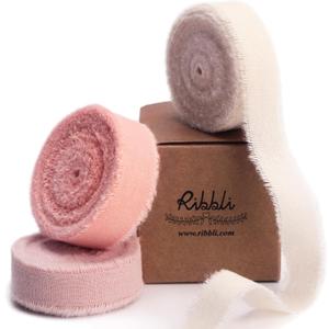 Ribbli 3 Rolls Pink Ribbon 5/8 Inch x 18Yards Ivory Blush Dusty Pink Handmade Cotton Frayed Fringe Ribbons for Gift Wrapping Wedding Invites Bridal Bouquets Baby Shower DIY Crafts Home Decor