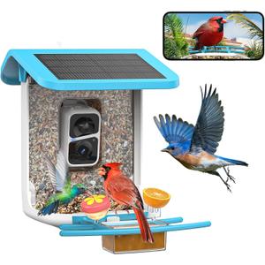 SMONET Bird Feeder with Camera B300: Smart Birdhouse Camera AI Recognition Solar Powered,Outdoor Wireless WiFi Birdfeeder Watching Live Video,Funny Birthday Gifts for Mom Mother Grandma Daughter (Blue)