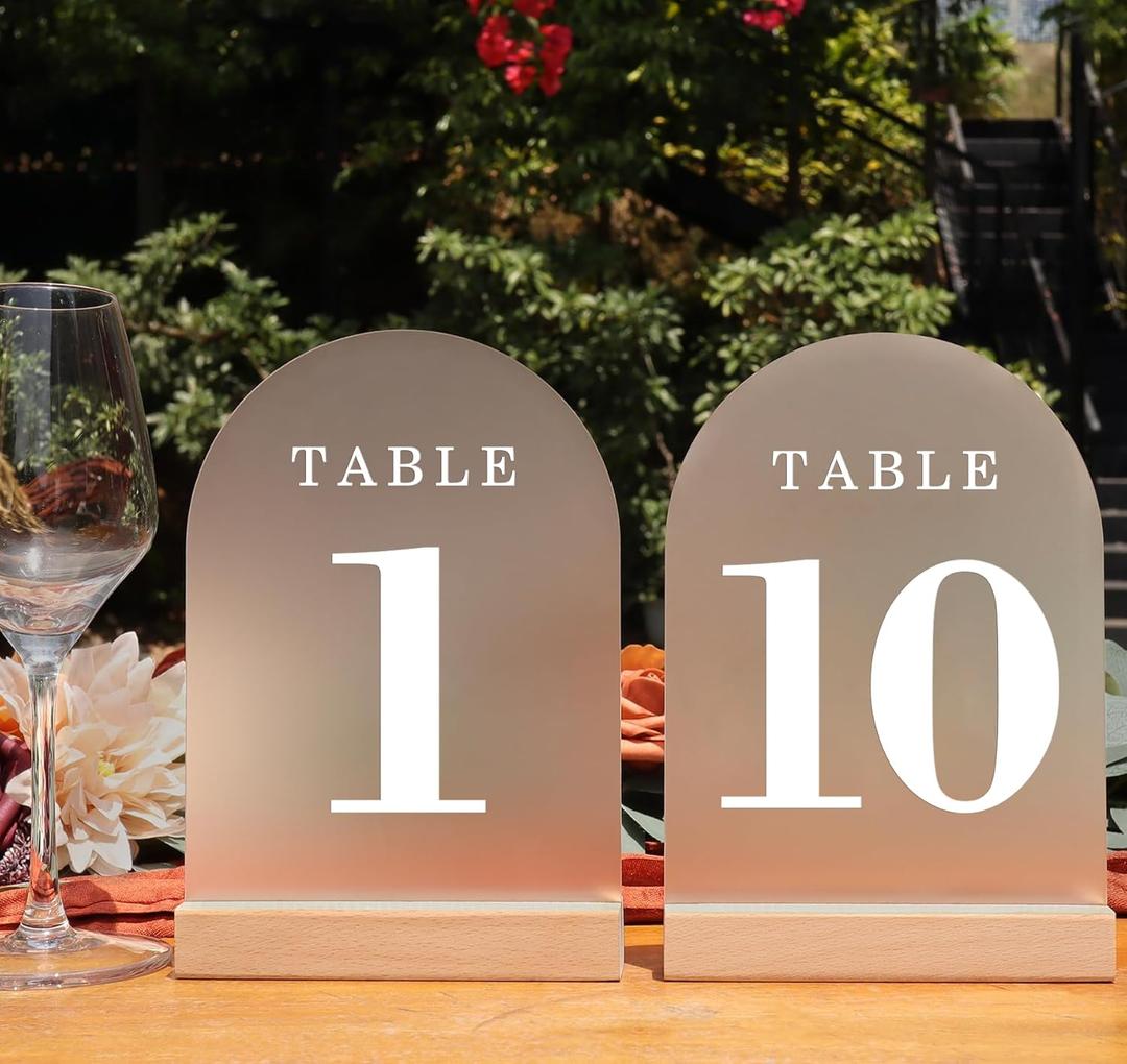 ORGANTEAM Wedding Table Numbers 110, Acrylic Arch Signs with Natural Wood Stands Holders, Rustic Table Decor for Reception & Parties (Frosted White)