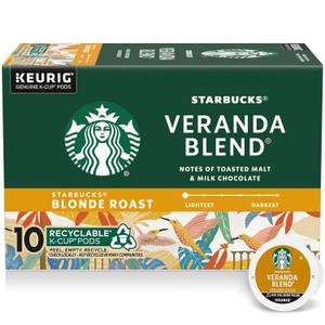 Starbucks K-Cup Coffee Pods, Starbucks Blonde Roast Hot or Iced Coffee, Veranda Blend, 10 Keurig Pods, 14 JAN 2027