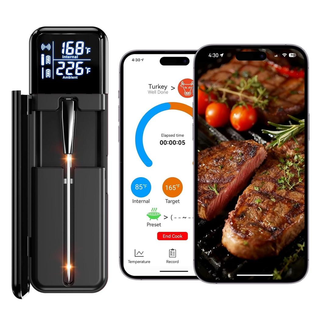 Smart Wireless Meat Thermometer,Digital Cooking Thermometer with Dual High-Accuracy -Dark Black