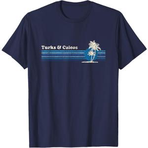 Turks and Caicos T-Shirt Vintage 80s Palm Trees Sunset Tee T-Shirt (Blue, M)