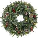 24 Inch Artificial Pre-Lit Christmas Wreath, Warm White & Multi-Color Lights with Timer, Battery Operated, Berries, PineconesHoliday Decoration for Front Door, Outdoor