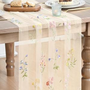 Artoid Mode Wildflower Floral Beige Apricot Gauze Embroidery Table Runner 120 Inch 10FT, Tulle Seasonal Spring Kitchen Dining Table Decor for Home Party (28" x 120")