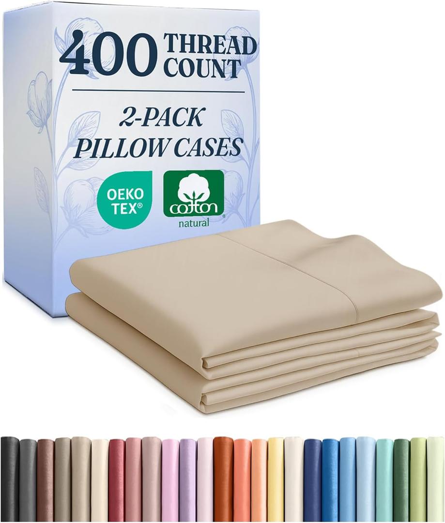 CGK Unlimited Queen Size 100% Cotton Pillowcase Set - Cooling, Breathable & Soft - 400 Thread Count - 2 Pack (04 - Cream)