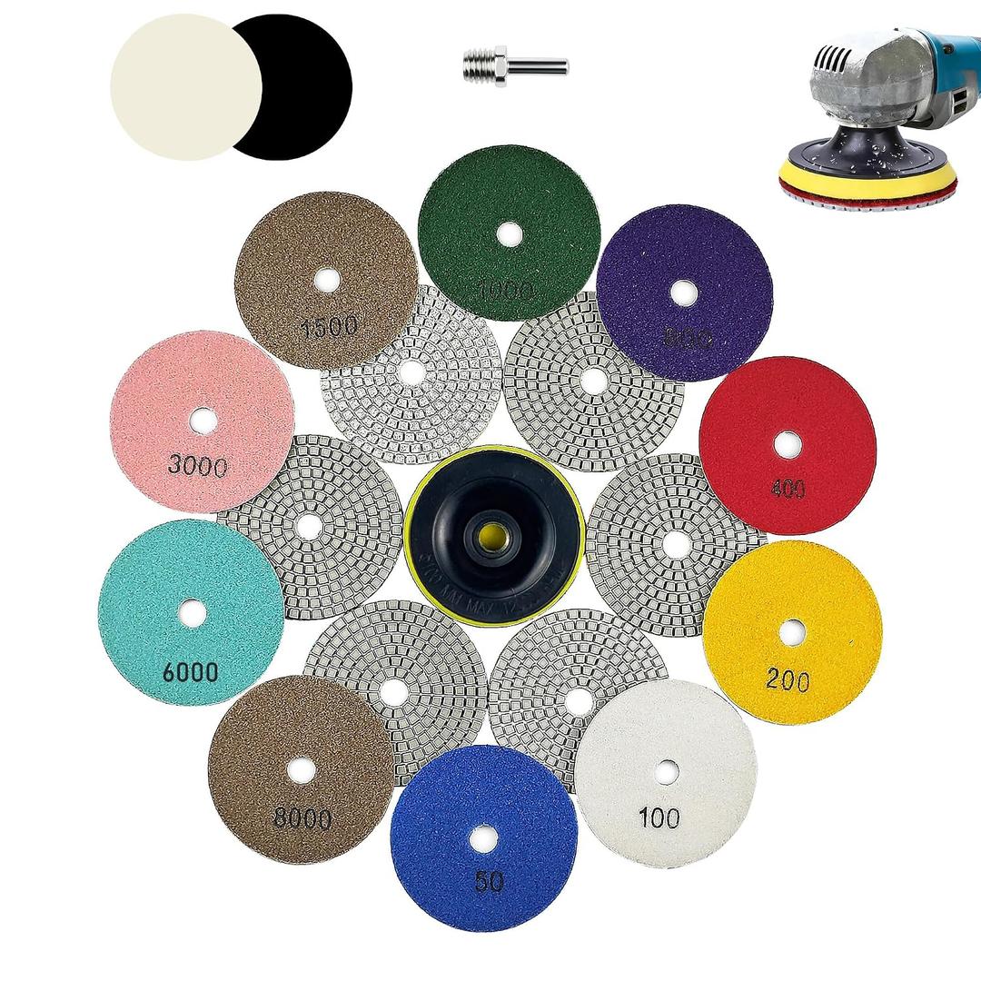 4 Inch Diamond Polishing Pads, 14 PCS 50-8000 Grit Wet/Dry Granite Stone Polish Pad Kit with 5/8-11 Backer Pad, Drill Adapter and Wool Disc for Granite Marble Concrete Stone Tile