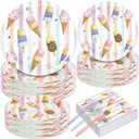 96Pcs Ice Cream Plates Napkins and Forks Set Watercolor Popsicle and Sweet One Paper Tableware for Summer Baby Shower Supplies, Serves 24