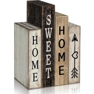 Lineshading 4 Pcs Farmhouse Table Decor Wooden Books Home Sweet Home Tiered Tray Decor Rustic Wood Block Sign Housewarming Gifts Neutral Centerpiece Farmhouse Stacked Decoration for Shelf Mantle