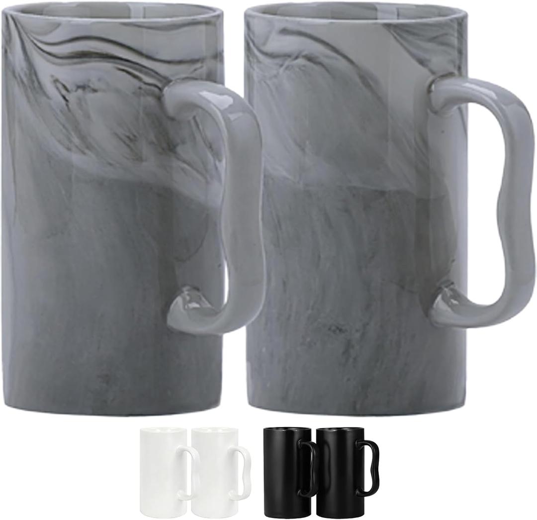 20 oz Large Marble Coffee Mugs,Tall Tea Cups with Big M Handle Marble Ceramic 600ml Oversized Bulk Porcelain XL Beer Latte Cappuccino Cup Set of 2 for Men and Women Gifts,Grey