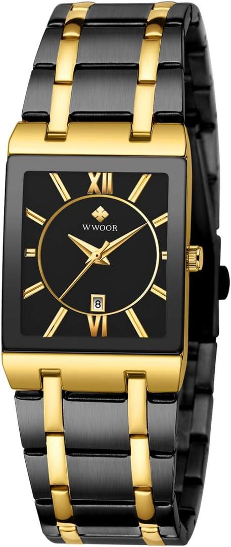WWOOR Square Watches for Men Stainless Steel Mens Square Watch with Date Original Waterproof Analog Quartz Fashion Business Casual Wristwatch (36C-Black Gold)