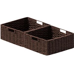 joybest Wicker Storage Baskets for Shelves, Hand-woven Storage Baskets for Organizing and Home Decor, Foldable Rectangular Bins with Built-in Handles 13L x 10W x 5H inch, 2-pack Dark Brown