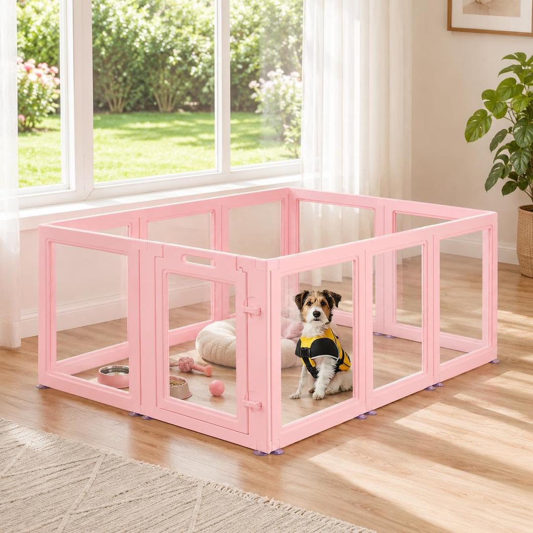 Clear Acrylic Dog Playpen Indoor, 24" H, 10 Panels, Pink | Tool-Free Assembly With Transparent Walls For Cats, Rabbits And Other Small Pets