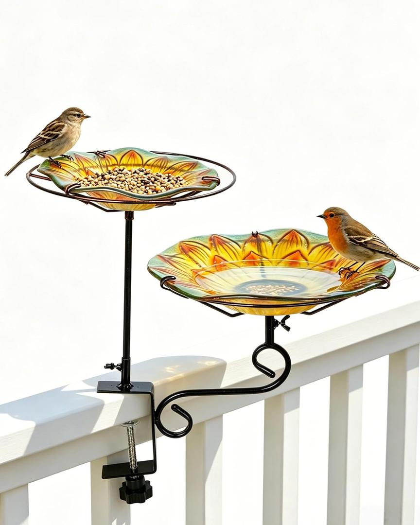 2-in-1 Deck Mounted Bird Bath for Outside Glass Birdbath Bowl & Birdfeeder with Adjustable Sturdy Metal Clamp for Railing Balcony 11" Dia, Sunflower (Yellow)