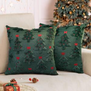 OECTVD Christmas Pillow Covers 18x18 inch Set of 2 Christmas Decorations Red Bows Xmas Tree Throw Pillow Cases Soft Plush Faux Fur Wool Pillow Covers Winter Holiday Decor for Sofa Living Room