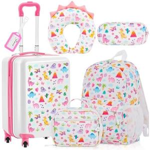 Redbaker 6 Pcs Kids Luggage Set 17 Inch Kids Rolling Luggage Double Pattern Suitcase for Girls Boys School Gift(Pale Pink,Dinosaur Style)