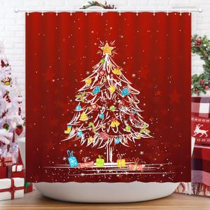 Shower Curtain Christmas, Holiday Shower Curtain Red Christmas Tree Candy Cane Stocking Jingle Bells Bulb Winter ShowerCurtain Waterproof Fabric Machine Washable Home Farmhouse Decor Bath Curtains