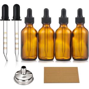 4 Pack, 2 oz Dropper Bottles with 2pcs Glass Pipettes(1ml) - Essential Oils Bottles for Health, Personal Care & Beauty - 60ml Thick Dark Amber Glass Tincture Bottle with Eye Droppers, Leakproof