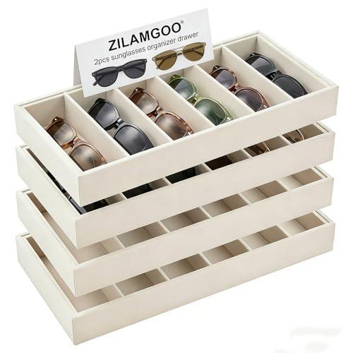 ZILAMGOO 4 Pcs Velvet Glasses Storage Trays – 6-Grid Sunglasses Holder Drawer – Stackable Eyewear Display Organizer for Women, Beige