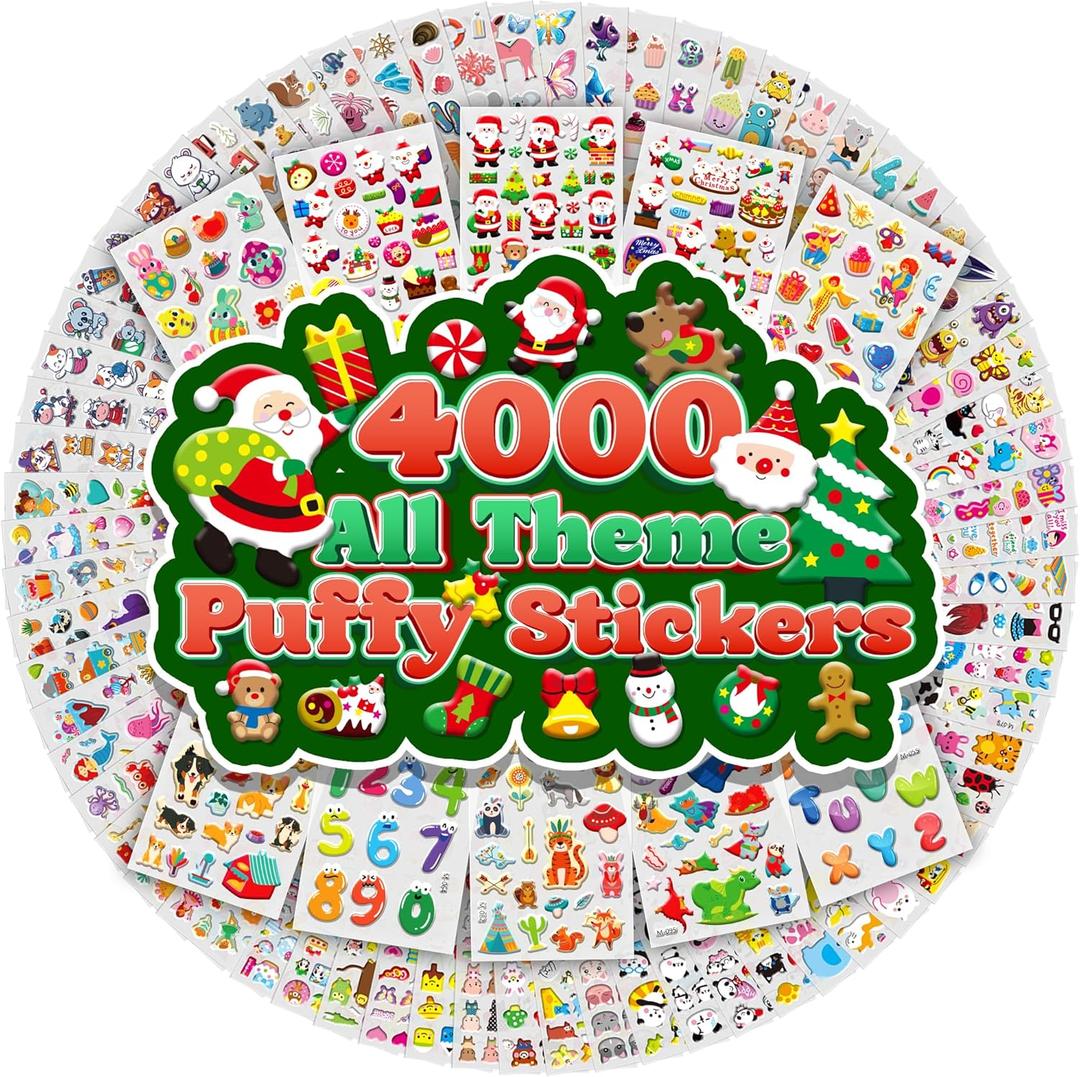 Puffy Stickers for Kids Toddlers,Christmas 3D Sticker Variety Pack, 4000+ Unique Cute Christmas Sticker,80 Different Sheets Kid-Stickers Bulk, Mini Party Favor for Girls Boy Gifts,Teachers Reward Gift