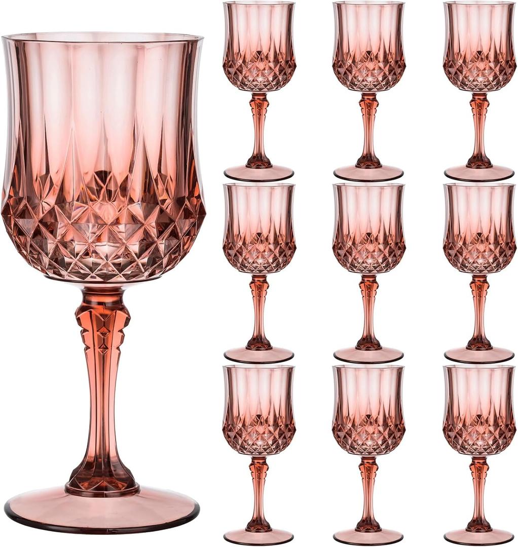 7OZ Plastic Glasses, 10Pcs Rose Red Reusable Drinking Cups Vintage Champagne Flutes, Plastic Crystal Water Goblets for Parties Stemmed Shatterproof Drinking Glasses for Wedding, Toasting Party