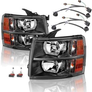 Headlights Assembly with Bulb & Wiring Harness compatible with 2007-2013 Chevy Silverado 1500 2500 3500 Headlamp, Black Housing Amber Side