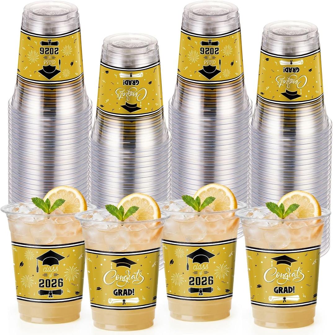Honeydak 50 Pcs Graduation Cups 12 oz Class of 2026 Plastic Cups Gold and Black Graduation Party Disposable Drinking Glasses for Congrats Grad School Classroom Party Favors Supplies Decoration