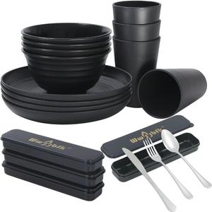 28pcs Wheat Straw Dinnerware Sets, Microwave Safe Wheat Straw Plates and Bowls Sets for 4, Large Plates, Bowls, Cups