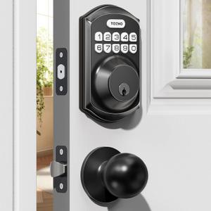 TEEHO TE001K Keyless Entry Door Lock with Handle, Electronic Keypad Deadbolt with 2 Knobs, High-Security Front Door Handle Set for Home & Rental, Smart Auto-Locking, Easy Install, Matte Black