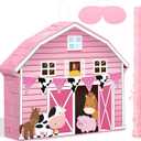 Faccito Pink Farm Piata Bundle Fiesta Piata Set Includes Bat Stick, Barnyard Piata and Blindfold Mask for Farmhouse Country Kids Cinco De Mayo Birthday Party Mexican Piata Game Supplies Decoration