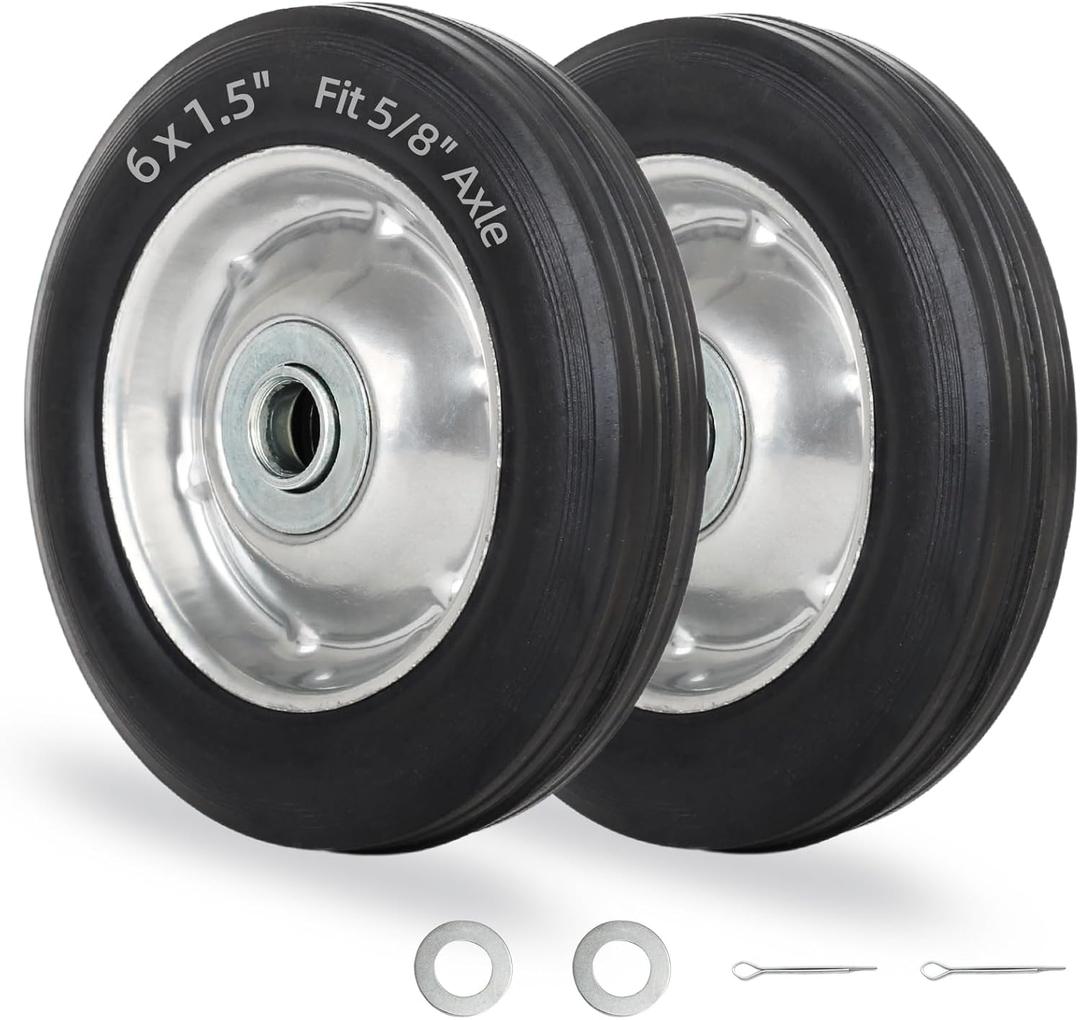 6" Flat Free Solid Rubber Tire and Wheel, with Ball Bearings and 5/8 Axle Bore Hole, 1.3" Centered Hub, 2 Pack