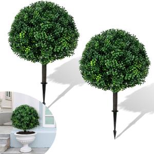 27.6''H Artificial Boxwood Ball Tree 2 Pack, UV Resistance Rated with Spike, Easy to Install, Fake Outdoor Plant for Front Door Decor, Home Decor, Garden, Wedding Decor (Dark Green)
