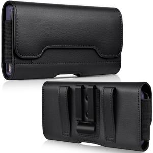 ACCKUO Leather Phone Holster with Strong Metal Belt Clip and Card Holder Compatible with iPhone 17 16 15 14 13 12 and Pro, Galaxy S26 S25 S24 S23 S22 S21 S20 for Everyday Protection, M-Black