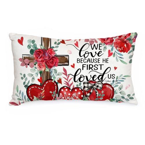 AACORS Valentine's Day Pillow Cover 12X20 Inch Love Heart Cross Floral Decor Pillow Case Farmhouse for Home Sofa Couch Decoration AA776-12