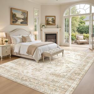 Washable Area Rugs 10x14, Soft Large 10x14 Rugs for Living Room Non-Slip Vintage Beige Indoor Carpet Stain Resistant Rugs for Dining Room Bedroom Nursery Kid & Pet Friendly