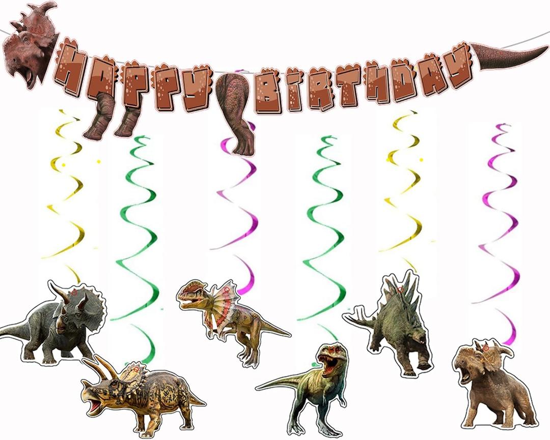 3 x Dinosaur Birthday Party Supplies - Dinosaurs Theme Party Banner and Hanging Swirl for Girls Birthdays Party Decorations, Children Love the Magical "Happy Birthday" Banner Very Much (Dinosaur-2)